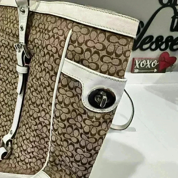 Coach Brown White Jacquard Leather Signature Tote Purse Shoulder Bag - Picture 7 of 10